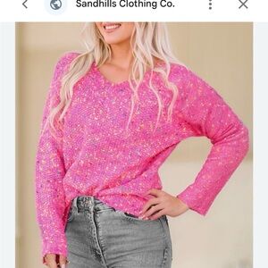 Sew In Love Bright Pink Sequin V-Neck Sweater